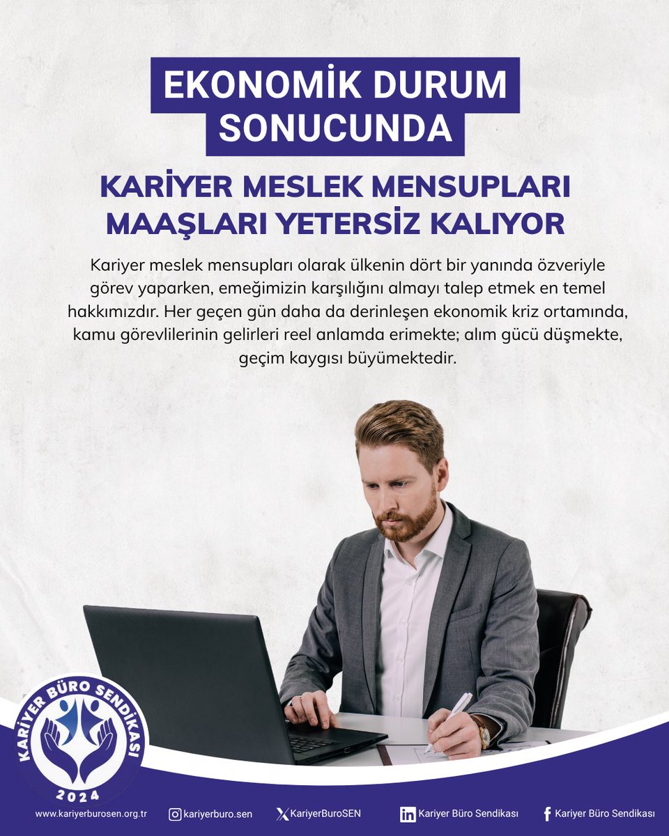 💼 Ekonomik Durumun Sonucu: Maaşlar Yetersiz Kalıyor

Kariyer meslek mensupları olarak ülkenin dört bir yanında özveriyle görev yaparken, emeğimizin karşılığını almak en temel hakkımızdır.
Her geçen gün artan enflasyon ve yaşam maliyetleri, kamu emekçilerinin alım gücünü ciddi
