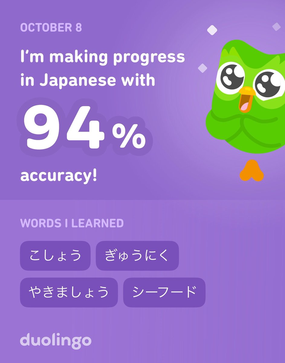 Tury_Bird's tweet photo. I’m learning Japanese on Duolingo! It’s free, fun, and effective. https://t.co/VuUekEJi4T