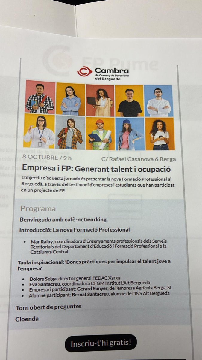 Avui hem participat, com a escola, a la jornada organitzada per la <a href="/CambraBCN/">Cambra de Comerç de Barcelona</a> de #Berga, sobre els beneficis de la #FPDual.
Una gran oportunitat per compartir experiències i reforçar la col·laboració entre empreses i centres educatius! #FormacióProfessional #FP
@AdBergueda
