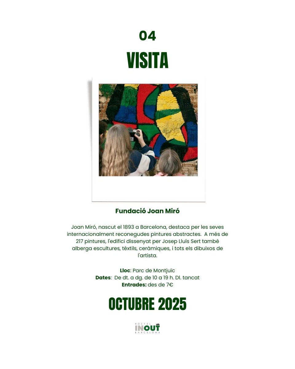 🍁 Barcelona s’omple d’activitats aquest mes d’Octubre, i des d’#InoutHostel et recomanem: 

🌿 Excursió guiada: Collserola modernista
📖 Kosmopolis 2025
🍺 Oktoberfest Barcelona
🎨 Fundació Joan Miró

👉 Quin d’aquests plans d’octubre t’apuntes a viure?