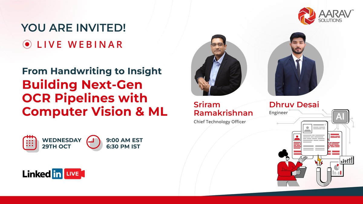 Aarav_Solutions's tweet image. Date: October 29, 2025
Time: 9:00 AM EST or 6:30 PM IST
Register now! ⏰
linkedin.com/events/buildin…

#OCR #DocumentIntelligence #MachineLearning #AI #GovTech #LegalTech #EdTech #DigitalHumanities #Webinar