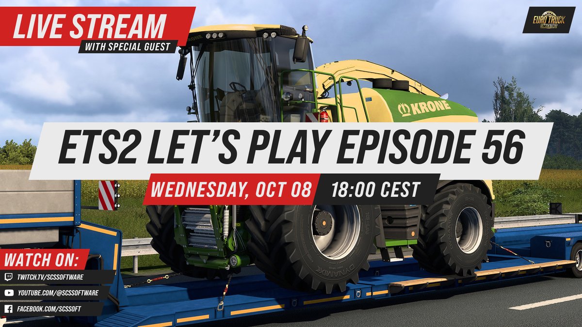 SCSsoftware's tweet image. We&apos;re haulin&apos; some new cargo! 🚜

Join us today from 6pm CEST as we check out the new KRONE Agriculture Equipment DLC with a Special Guest on our Live Stream! 🙌

Tune in at: 
🟣 Twitch.tv/SCSSoftware
🔴 YouTube.com/SCSSoftware
🔵 Facebook.com/SCSSoft