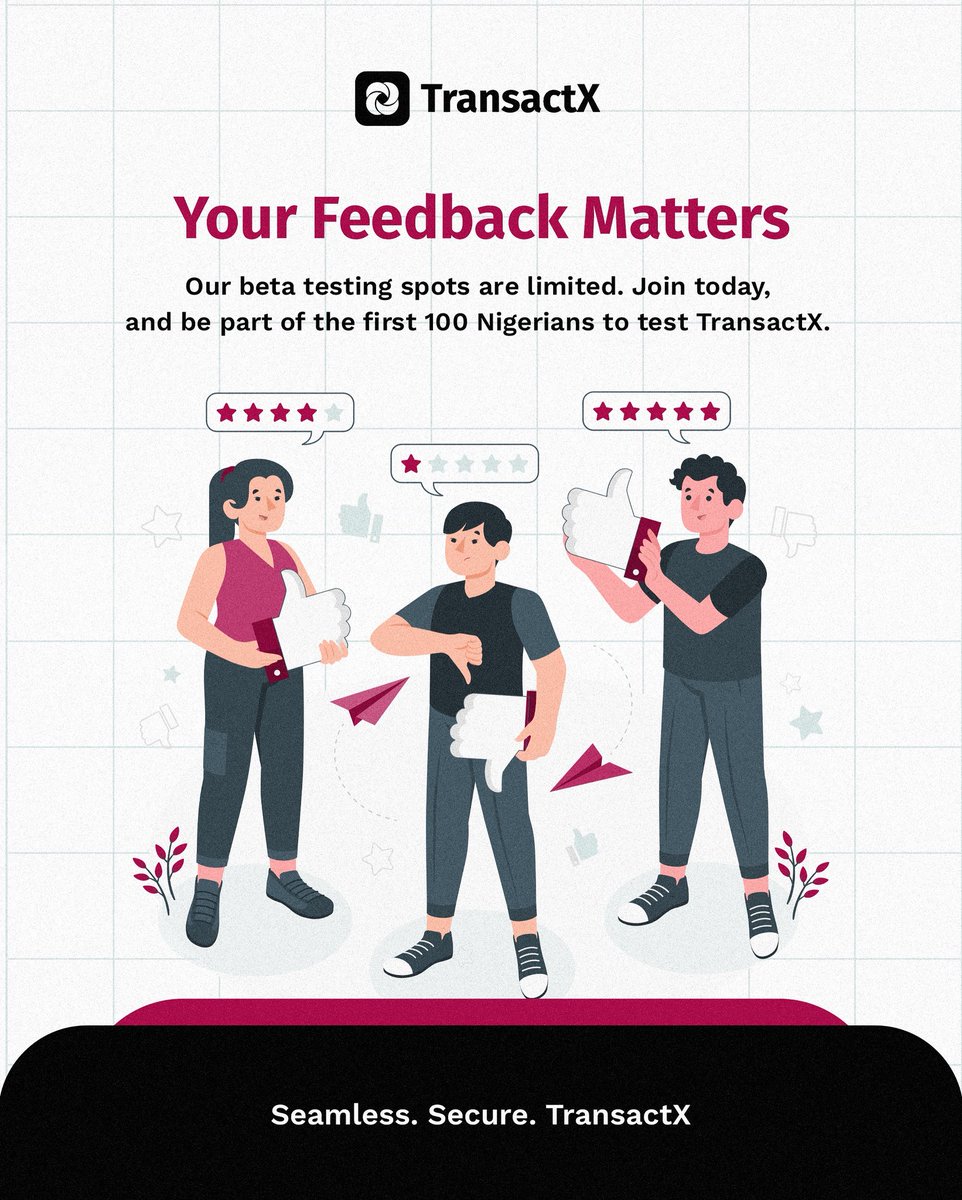 mytransactx's tweet image. Your feedback matters!
We’re selecting 100 early users to test TransactX — the app designed to make managing multiple bank accounts simple, secure, and seamless.
Join our beta testing program and help shape the future of finance in Nigeria.
#TransactX #BetaTesting #Fintech