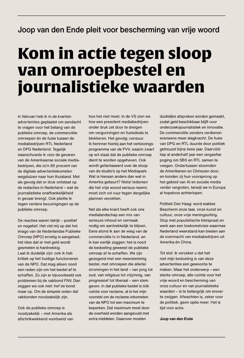 Zeer rake woorden van Joop van den Ende♥️💚

Programma’s bij de publieke omroep zijn van ons allemaal.

En wij staan op tegen partijen die ons mediabestel willen slopen!

Zo lanceerden wij voor de zomer ons mediaplan voor een sterke omroep.👇🏼

groenlinkspvda.nl/wp-content/upl…
