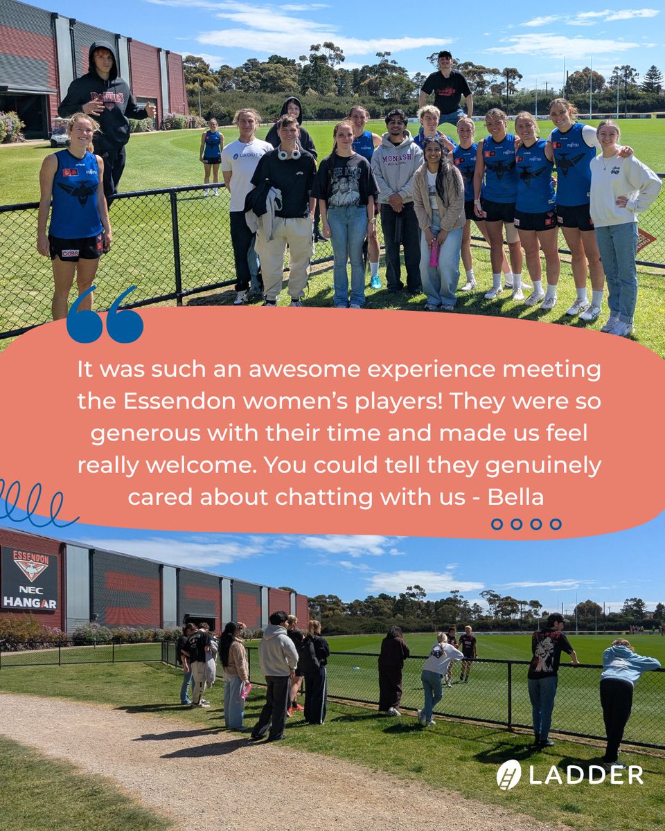 Ladder (@ladder_) on Twitter photo Ladder young people walked out of The Hangar inspired, motivated, and full of Bomber spirit after an unforgettable experience with <a href="/essendonfcw/">Essendon AFLW</a> From an exclusive behind-the-scenes tour to hanging out with the players post-training. Read more at ladder.org.au/news/an-inspir… Ladder young people walked out of The Hangar inspired, motivated, and full of Bomber spirit after an unforgettable experience with <a href="/essendonfcw/">Essendon AFLW</a> From an exclusive behind-the-scenes tour to hanging out with the players post-training. Read more at ladder.org.au/news/an-inspir…