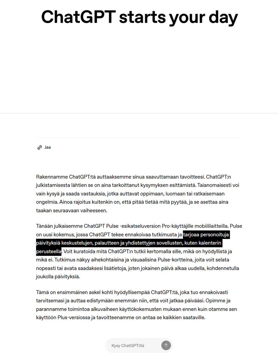 petterij's tweet image. OpenAI on muuttumassa yleishyödyllisestä AI-teknologiakehittäjästä some-yhtiöksi, joka haluaa tietosi ja oppii tuntemaan sinut. Salaperäinen yhtiö vailla pörssin vaatimaa läpinäkyvyyttä - en pidä tästä yhtään. #ChatGPT #Pulse