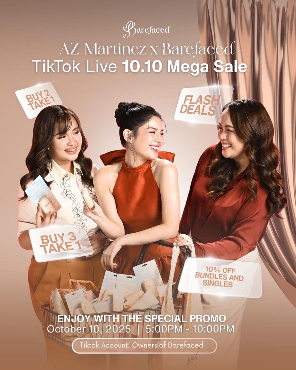 TeamAZOFC's tweet image. Live Seller Az is making her comeback! 👀💜

Join Az and the Barefaced family this October 10 for a Mega Sale happening on TikTok Live from 5 PM to 10 PM! 

Can we reach another million sales for her new brand endorsement? Get ready to #PurchAZe and show your support, Azpires!…