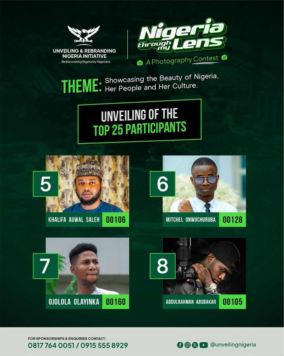 unveilingng's tweet photo. Meet the top 25 contestants of the URNI Nigeria Through Lens Photography Contest.
The Grand finale holds tomorrow and we are so excited. The event will be streamed live, stay tuned.
Showcasing the beauty of Nigeria, her people and her culture.
#ntml #unveilingnigeria #trending #urni #photographycontest #grandfinale