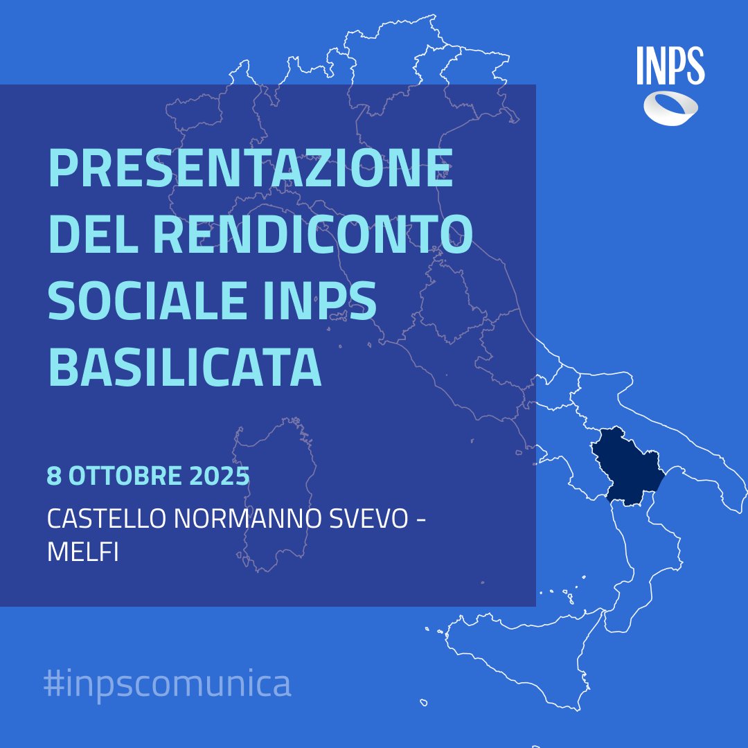 INPS_it's tweet image. 📅 Oggi, 8 ottobre dalle ore 9.30, a Melfi si terrà la presentazione del Rendiconto Sociale INPS Basilicata.
Il programma: rb.gy/k0hwep
Inps Comunica
