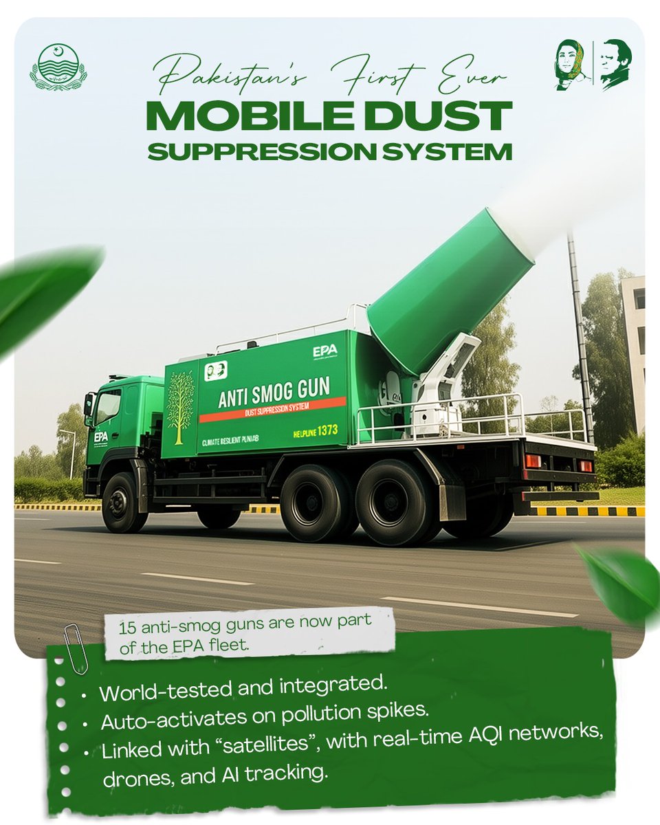 SaimaFarooq's tweet image. 15 anti-smog guns are now part of the EPA fleet. These have been tested worldwide and fully integrated. The guns auto-activate as soon as pollution levels spike, enabling immediate control over smog.
#SaafSuthraPunjab