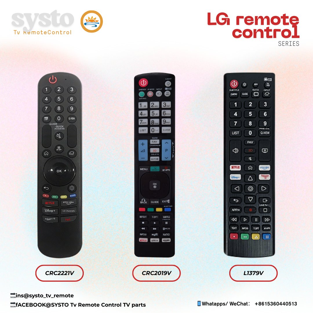 SystoRemote's tweet image. LG Remote Control series
Multiple models are available for selection.More models can be customized.
🔗systo.hk
🔗systoremote.com
🔗linktr.ee/SystoOfficial
📱WhatsApp/WeChat：861536044
#tv #tvremotecontrol #tvremote #customized #remotecontrol
