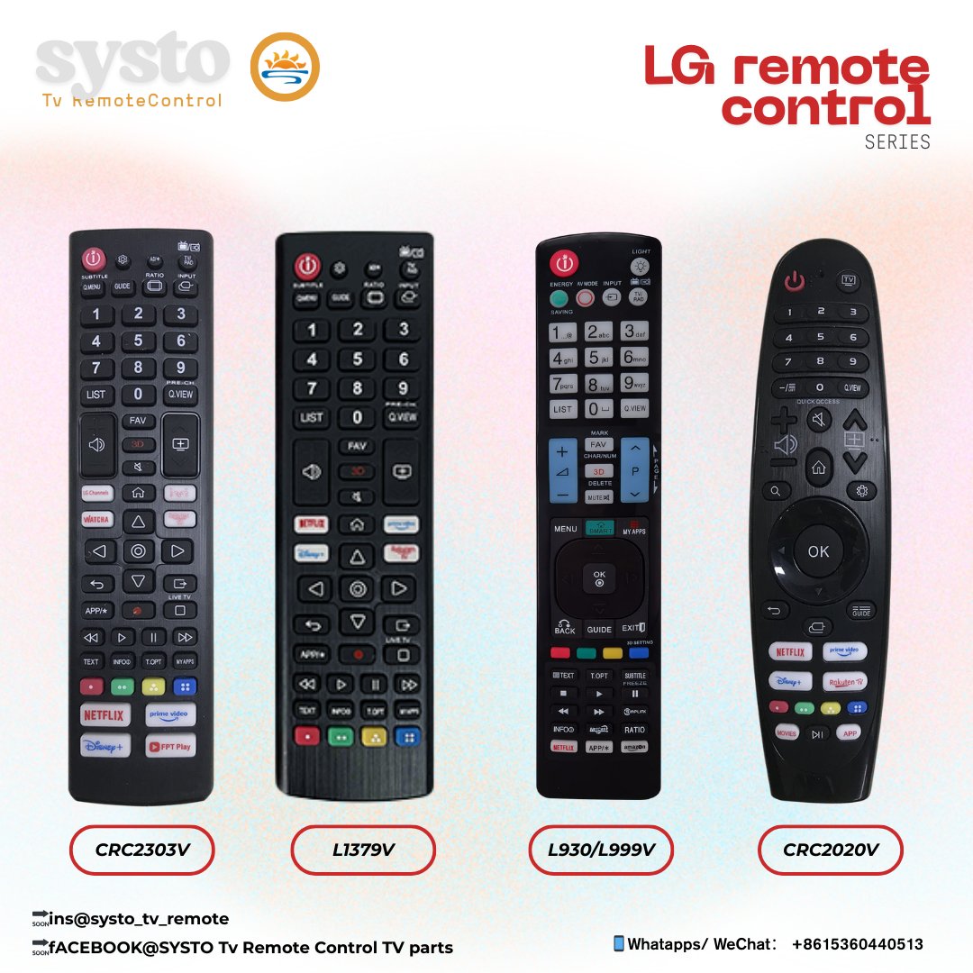 SystoRemote's tweet image. LG Remote Control series
Multiple models are available for selection.More models can be customized.
🔗systo.hk
🔗systoremote.com
🔗linktr.ee/SystoOfficial
📱WhatsApp/WeChat：861536044
#tv #tvremotecontrol #tvremote #customized #remotecontrol