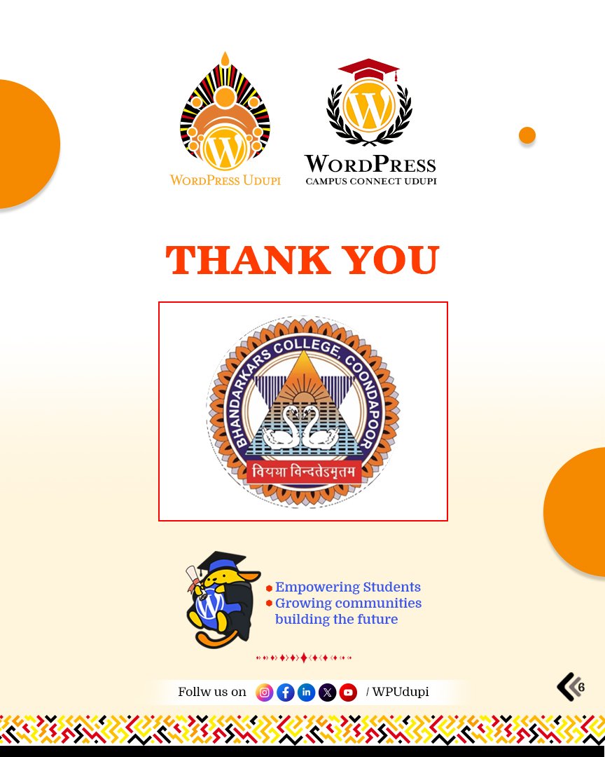 WordPress Campus Connect @ Bhandarkars College, Kundapura!

2 days.
120 students. 
120 new websites! 💻✨

A hands-on workshop by the WP Udupi team where students learned to build and publish their own websites from scratch

#WordPress #WPUdupi #WordPressCampusConnect #Kundapura