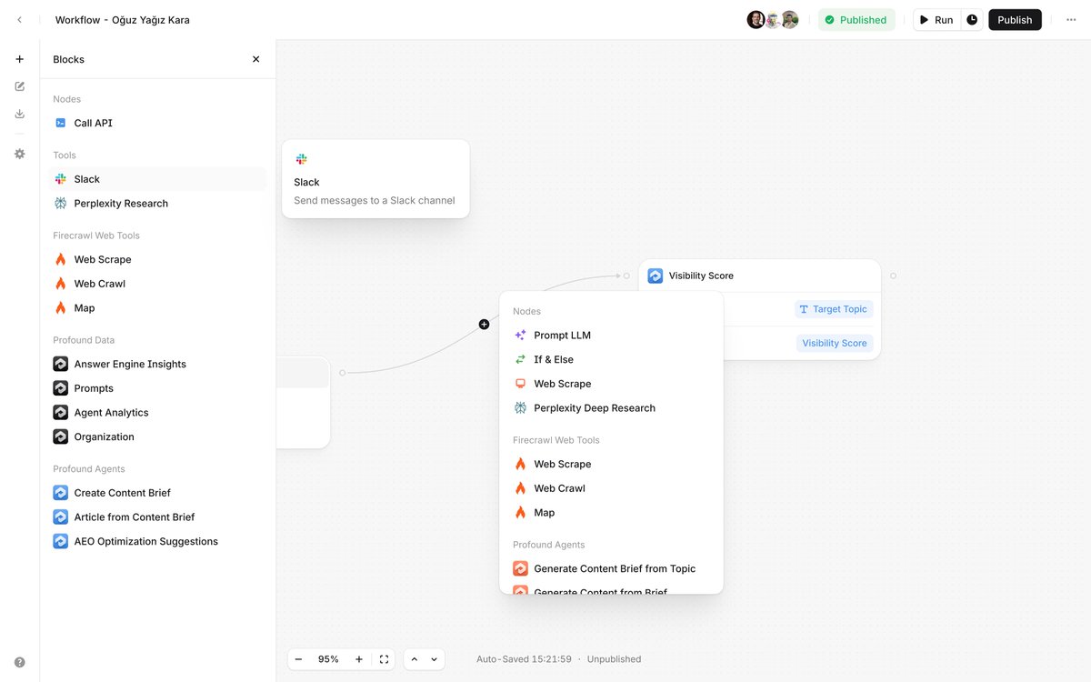 oguzyagizkara's tweet image. We've been cooking up workflows @tryprofound 🙏 Stay tuned! Here are some snippets from the big picture