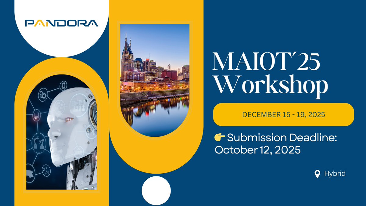 ⏰ Extended Deadline – #MAIOT25 Workshop

The paper submission deadline is now October 12, 2025!

Join us this December (15–19) for a hybrid event on Trustworthy &amp; Efficient AI for IoT.

🔗 pandora-heu.eu/maiot25/

#PANDORA #AIoT #TrustworthyAI #AI #IoT