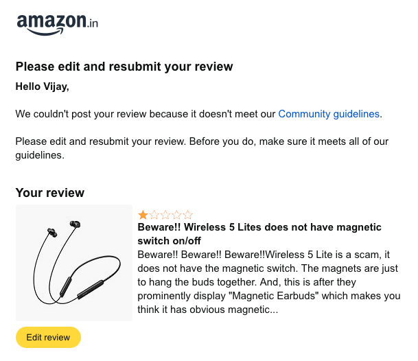 indianets's tweet photo. @amazonIN hand in hand with @realmeIndia for scamming people. What is against the community guidelines in this review? I gave a real review because they gave wrong info on their website and amazon listing. https://t.co/wRn8cmDw95
