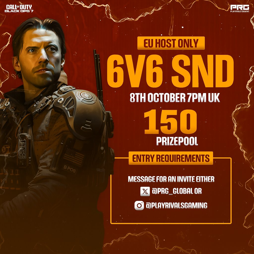 PRG (@prg_mena) on Twitter photo 🚨FREE ENTRY EU 6v6 SnD | $150🚨
📅Tonight - 8th October
🕖7PM UK
👉Message <a href="/PRG_Global/">Play Rivals Gaming</a> to sign up!
The turnout yesterday was that good, we are giving the EUs another one...👀
💰EU 6v6 SnD | $300 GTD💰
📅Tonight - 8th October
🕙10PM UK
👉playrivalsgaming.com/tournaments/ga… 🚨FREE ENTRY EU 6v6 SnD | $150🚨
📅Tonight - 8th October
🕖7PM UK
👉Message <a href="/PRG_Global/">Play Rivals Gaming</a> to sign up!
The turnout yesterday was that good, we are giving the EUs another one...👀
💰EU 6v6 SnD | $300 GTD💰
📅Tonight - 8th October
🕙10PM UK
👉playrivalsgaming.com/tournaments/ga…