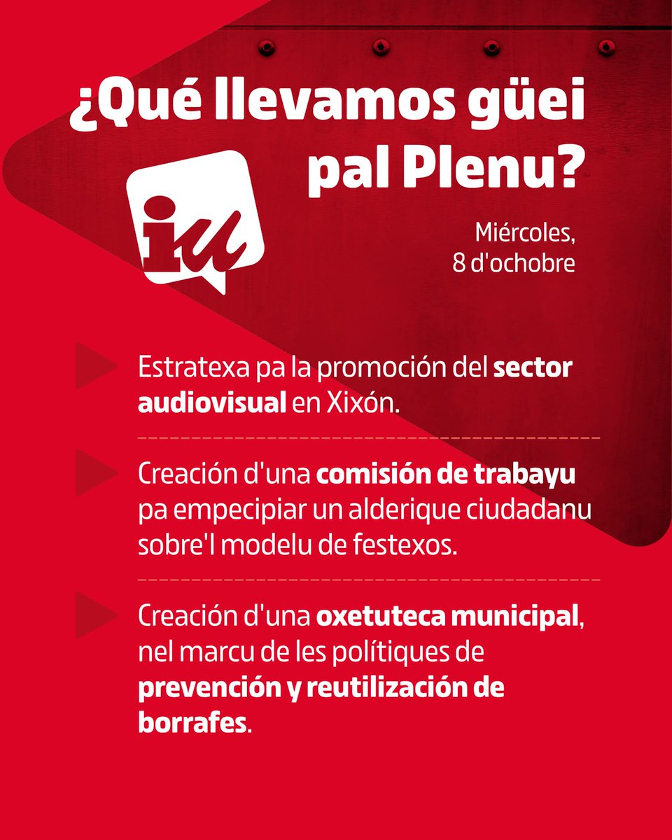💭 ¿Qué llevamos hoy al #PlenoGijón?

🎬 Estrategia para la promoción del sector audiovisual

🔧 Creación de una objetoteca municipal

🎉 Creación de una comisión de trabajo sobre el modelo de festejos

📺 En directo en este enlace a partir de las 10: 

gijon.es/es/pleno-del-a…