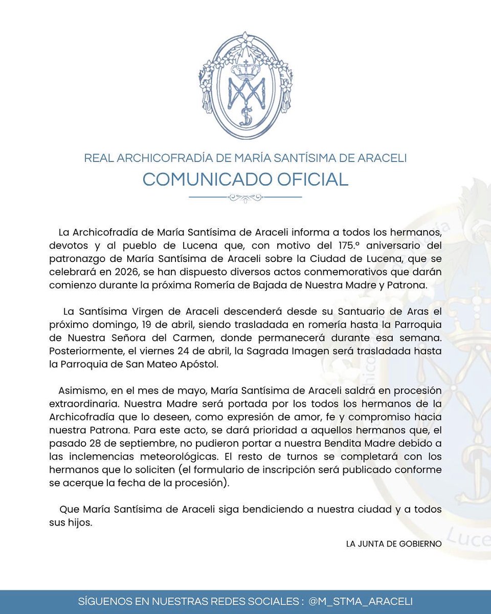 Comunicado Oficial de la Real Archicofradía de María Santísima de Araceli. #ARACELI