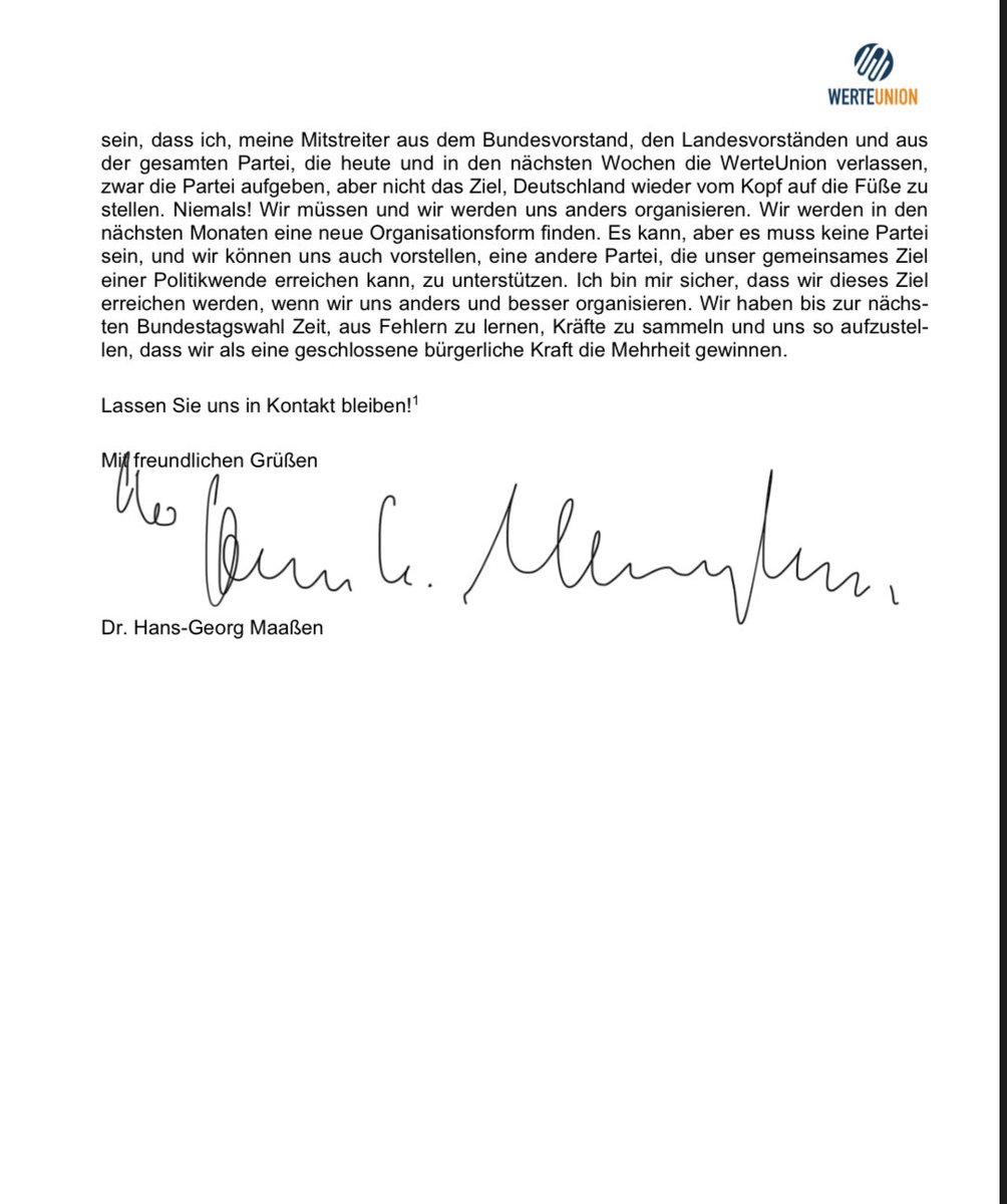 Hiermit kündige ich meinen Rücktritt als Vorsitzender der WerteUnion an und verlasse die Partei endgültig, um mich neuen Herausforderungen zu widmen.

Dr. Hans-Georg Maaßen

<a href="/apollo_news_de/">Apollo News</a> 
<a href="/niusde_/">NIUS</a> 
#WerteUnion
