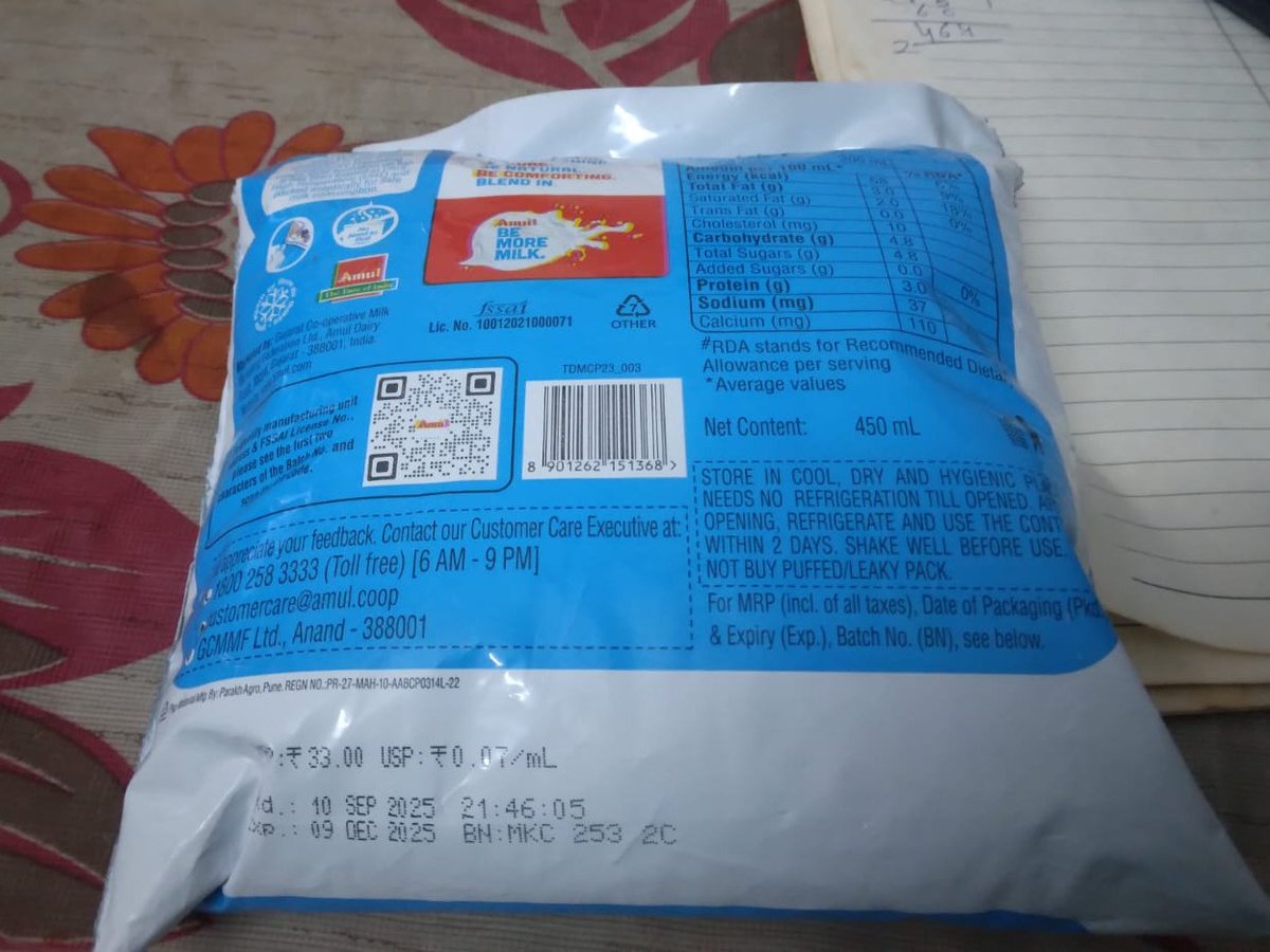 Ordered Amul moti toned milk from Swiggy instamart and came across this. Milk packed a month back and expiring 3 months later as printed on the packet. Haven't seen this ever? Can you explain <a href="/Amul_Coop/">Amul.coop</a> <a href="/SwiggyInstamart/">Instamart</a> <a href="/SwiggyCares/">Swiggy Cares</a>