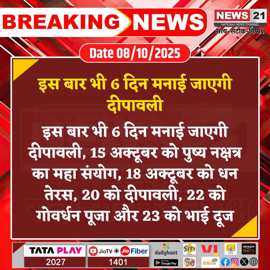 news21national's tweet image. इस बार भी 6 दिन मनाई जाएगी दीपावली 

#Diwali2024 #FestiveSeason #Dhanters #LakshmiPuja #BreakingNews #LatestNews #HindiNews #News21 #News21National