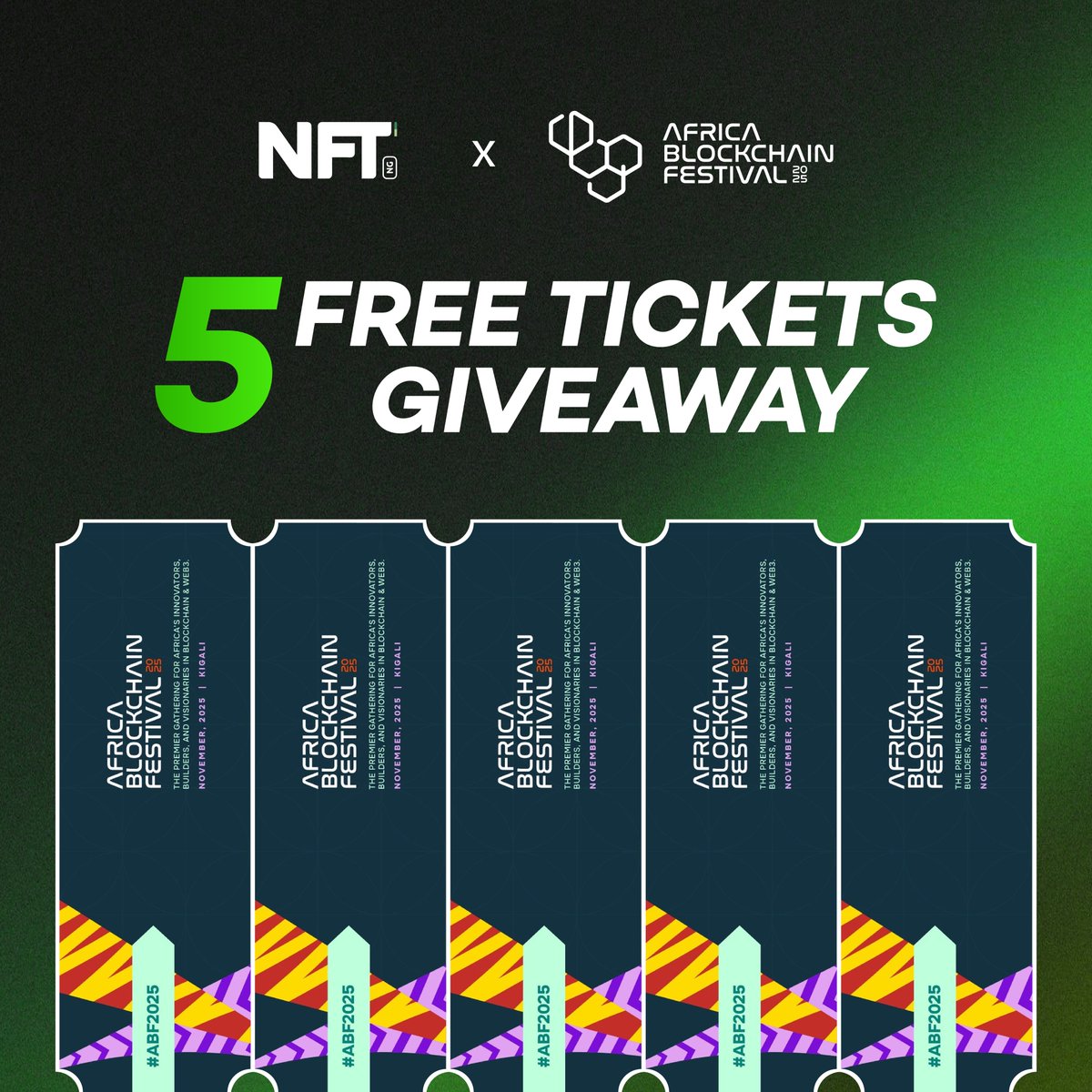 We’re giving out 5 FREE tickets to the Africa Blockchain Festival in Kigali 🇷🇼

This is your chance to connect with industry leaders across Africa.

How to enter:
→ Follow <a href="/NFT__NG/">NFTNG</a> &amp; <a href="/africablockfest/">Africa Blockchain Festival</a>
→ Like + Repost
→ Comment #ABF2025

Winners will be announced on October 11.