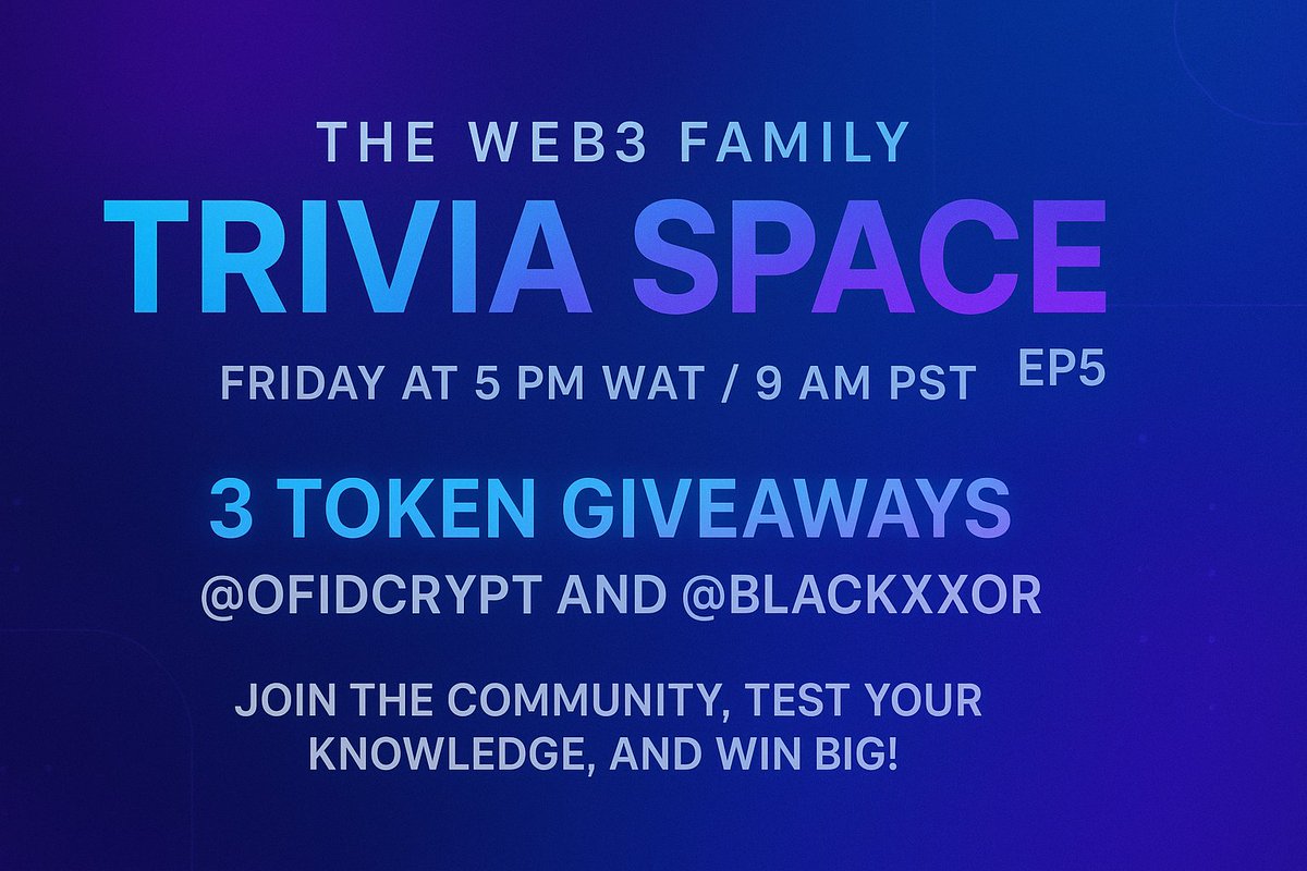 UpWill (@theupwill) on Twitter photo Over $30 in Tokens to Be Won!
We’re back this Friday at 5 PM WAT / 9 AM PST with The Web3 Family Trivia Space, EP5! 🧠🔥
💥 Perform fun tasks, answer questions, and win tokens from <a href="/theweb3family/">The Web3 Family</a> @OFIDCrypt & <a href="/BlackXXoR/">Black XXoR</a>.
Unlike random giveaways, this one rewards effort, over Over $30 in Tokens to Be Won!
We’re back this Friday at 5 PM WAT / 9 AM PST with The Web3 Family Trivia Space, EP5! 🧠🔥
💥 Perform fun tasks, answer questions, and win tokens from <a href="/theweb3family/">The Web3 Family</a> @OFIDCrypt & <a href="/BlackXXoR/">Black XXoR</a>.
Unlike random giveaways, this one rewards effort, over