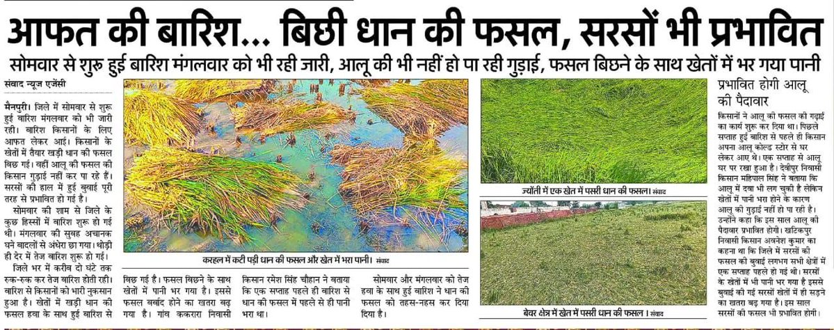 मैनपुरी में भारी वर्षा के कारण बड़े पैमाने पर किसानों की फसलों का नुकसान बेहद चिंताजनक है।

भाजपा सरकार इस मुश्किल घड़ी में किसानों की सहायता करे, उनके नुकसान की हो भरपाई।
