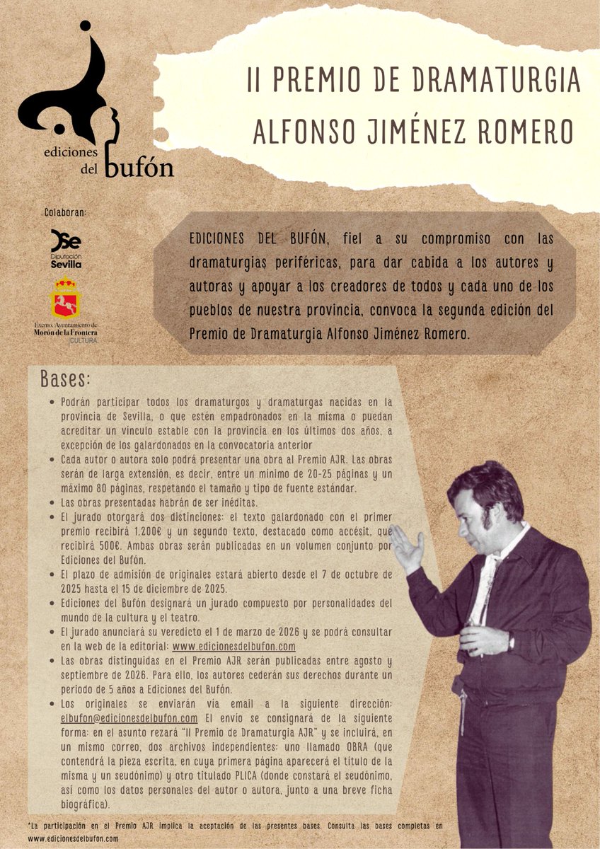 ¡Autores sevillanos, esto es para vosotros! ¡Ya está aquí el II Premio de Dramaturgia Alfonso Jiménez Romero! Después del éxito de la presentación del 1er premio, os traemos la segunda convocatoria. ¡Esta puede ser la tuya, no te quedes con las dudas!

#Teatro #PremioDramaturgia