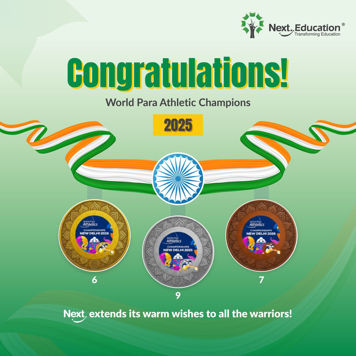 NextEducationIn's tweet photo. A proud moment for #India at the #WorldParaAthletics #Championships2025! 🇮🇳
Our #champions bagged 6 Gold, 9 Silver &amp; 7 Bronze medals, making the nation proud.
#NextEducation salutes their strength, spirit &amp; record-breaking performances! 
#IndiaPride https://t.co/AbRv1m5SbM