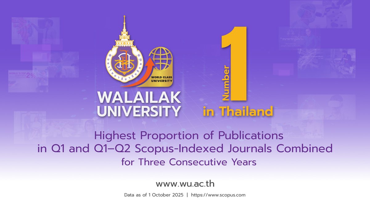 Walailak University ranks No.1 in Thailand for the highest proportion of papers in Q1 and Q1–Q2 journals, maintaining this position for three consecutive years since 2023! 

Read more at wu.ac.th/en/news/26134
#WalailakUniversity #ResearchExcellence #Scopus