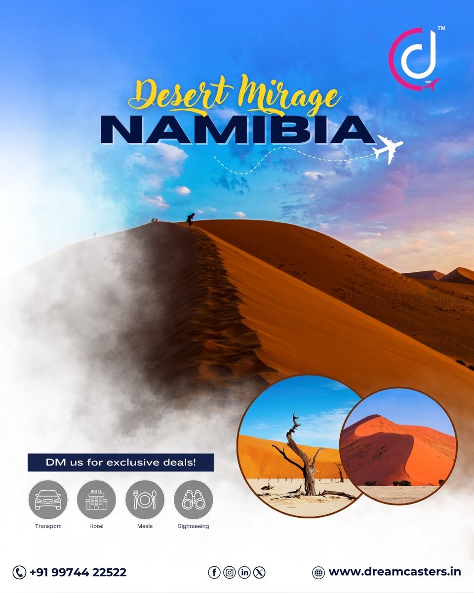 dreamcastersIn's tweet image. Experience the Desert Mirage with Dream Casters and watch nature’s masterpiece unfold before your eyes.
#DreamCasters #Namibia #DesertMirage #AfricanAdventure #LuxuryEscapes #OffbeatTravel #NatureLovers #TravelInStyle #ExploreAfrica #WanderlustDreams #ScenicViews #AdventureAwaits
