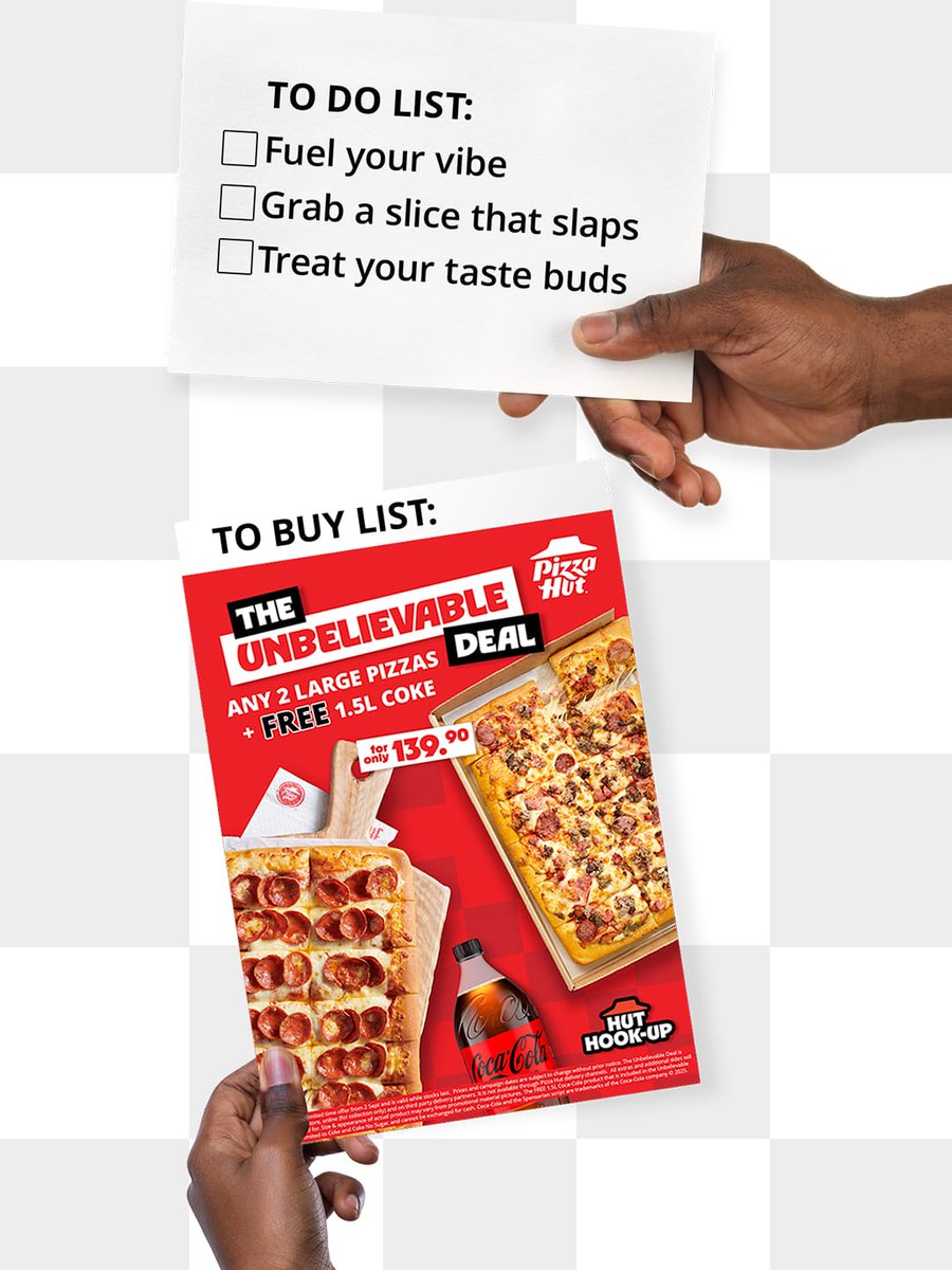 PIZZAHUTSA's tweet image. Squad plans: 🍕 + 🍕 + 🥤 = Unbelievable, like this deal.

Check it off your list like a boss! 2 Large pizzas and a FREE 1.5 litre Coke for only R139.90!

#PizzaHut #PizzaPlug #UnbelievableDeal #HutHookUp