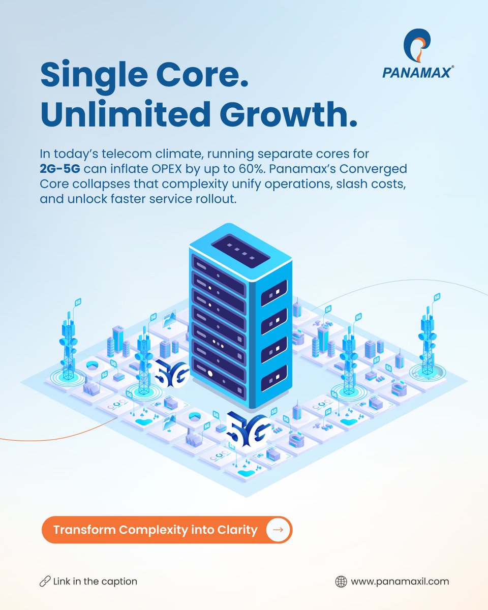 panamax_inc's tweet photo. Running separate cores for 2G–5G slows rollouts &amp; raises OPEX. Forward-thinking operators are moving to a Converged Core. With Panamax, unify networks, cut costs &amp; future-proof growth.

👉 Build your single core today: https://t.co/ea3F6yodjt

#Panamax #5G #ConvergedCore https://t.co/UATGSPTnCQ