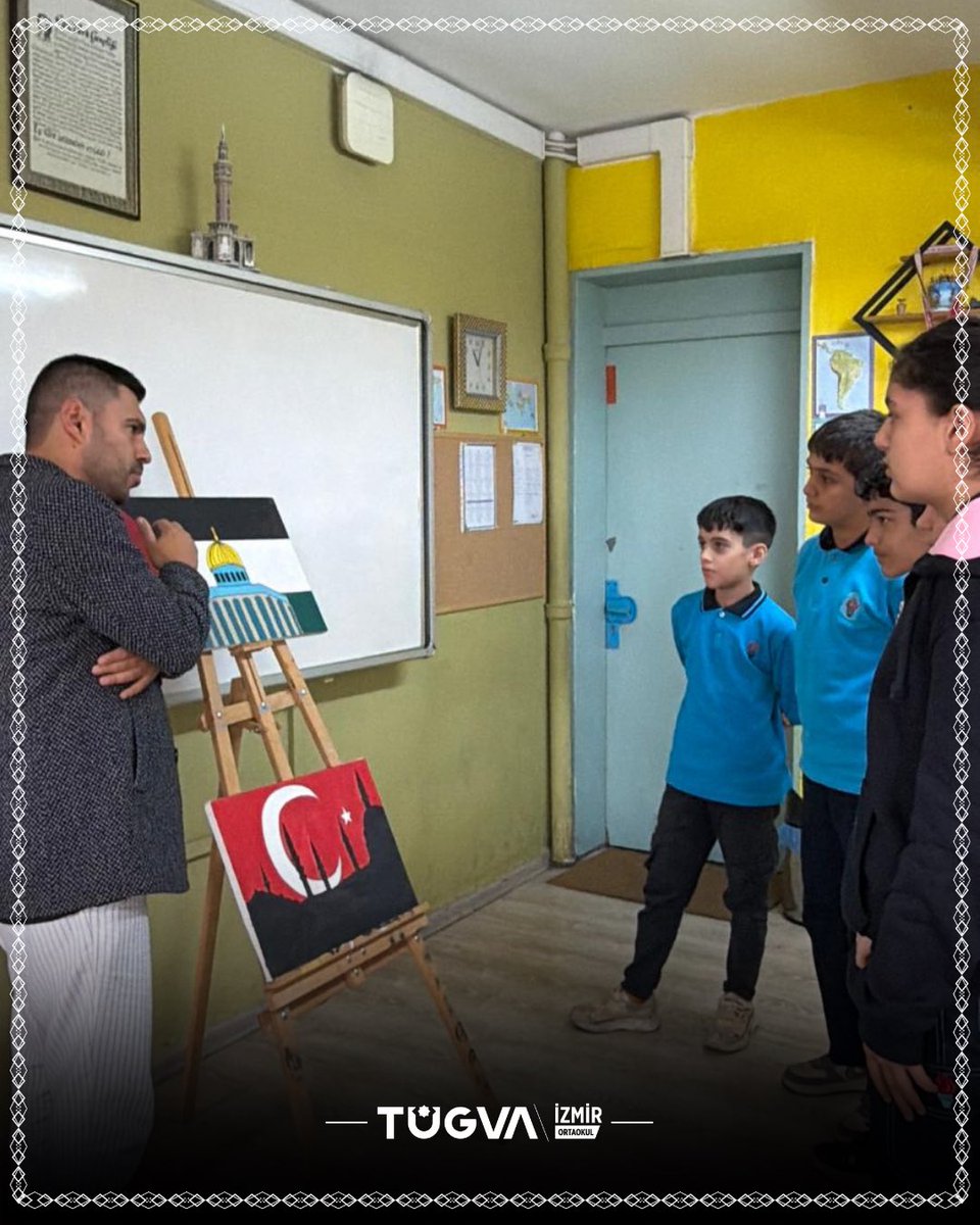 TÜGVA İzmir İl Ortaokul Koordinatörlüğü olarak “Medeniyet ve Değerler Kulübümüz”le ortaokullarımızda çalışmalarımıza başladık.

Milli Eğitim Bakanlığının “Filistin Farkındalık Etkinlikleri” kapsamında öğrencilerimizle “Özgür Filistin” temalı tuval çalışmaları yaptık.