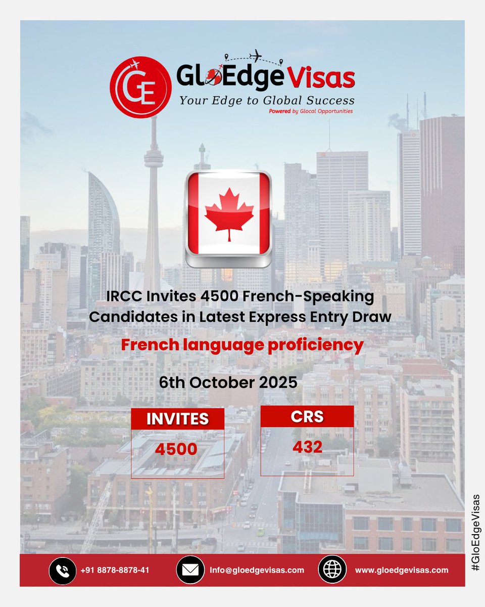 GloEdgeVisas's tweet image. Canada continues to welcome skilled French-speaking professionals!

IRCC has invited 4,500 candidates with a CRS score of 432 in the latest Express Entry draw held on 6th October 2025.

#CanadaPR #ExpressEntry #FrenchDraw #GloEdgeVisas