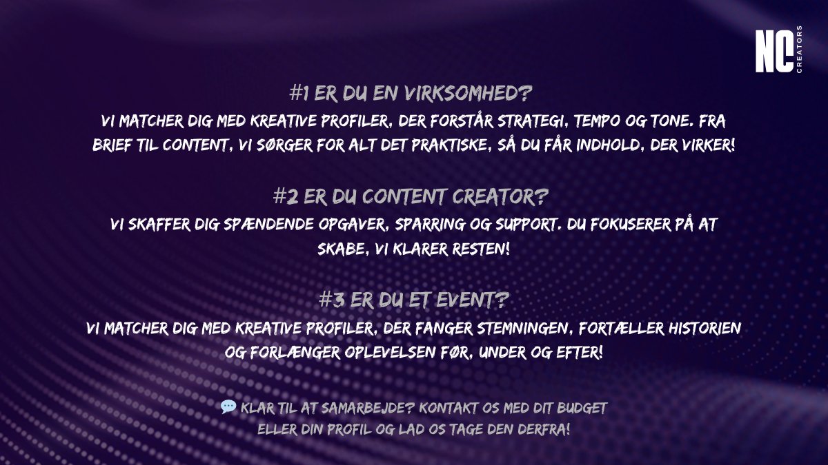 nordiccreators's tweet photo. Er du et event, en virksomhed eller content creator? Vi matcher jer med forskellige muligheder💜

Du skaber kontakten. Vi sørger for resten! 💬 Klar til at samarbejde?

#NordicCreators #CreatorMatch #ContentThatWorks #EventActivation #BrandCollab #SoMeStrategi #Marketing #Nordic https://t.co/ydpSjstkC8