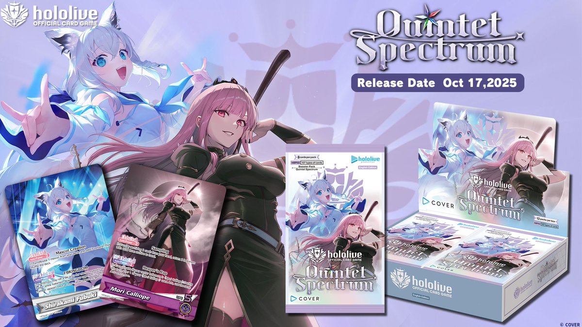 hololive_En's tweet photo. 🎉 #hOCGEN Release Announcement! 🎉
The English Edition of the hololive OFFICIAL CARD GAME will be available starting October 17!

Highlight Items:
✨Start Decks: Nakiri Ayame / Nekomata Okayu / Yuzuki Choco
✨Booster Pack: Quintet Spectrum

🔽Product Details
https://t.co/oLHBizSVl9

https://t.co/n4z9lUzFv8

📍Find a store near you:
https://t.co/qBcD4QbqJ1

Follow us for more updates!👇
https://t.co/P9xtAoJqW1

#hololiveEN