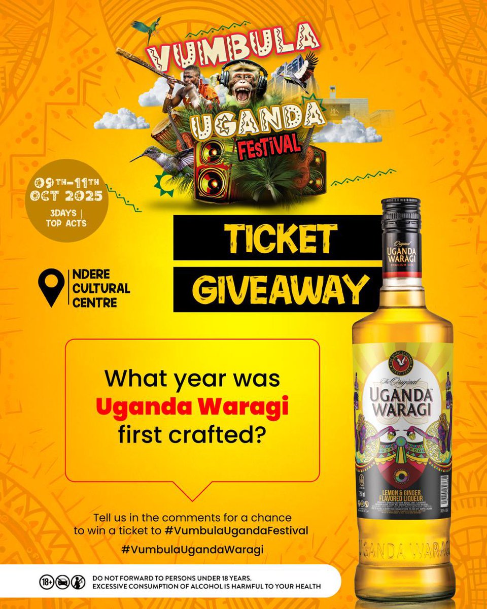 Vumbula Uganda (@vumbula_uganda) on Twitter photo TICKET GIVEAWAY courtesy of <a href="/UgandaWaragi/">#TheSpiritThatBindsUs</a> ๐ฅ
Drop the right answer in the comments and stand a chance to win a ticket to #VumbulaUgandaFestival
#VumbulaUgandaWaragi TICKET GIVEAWAY courtesy of <a href="/UgandaWaragi/">#TheSpiritThatBindsUs</a> ๐ฅ
Drop the right answer in the comments and stand a chance to win a ticket to #VumbulaUgandaFestival
#VumbulaUgandaWaragi