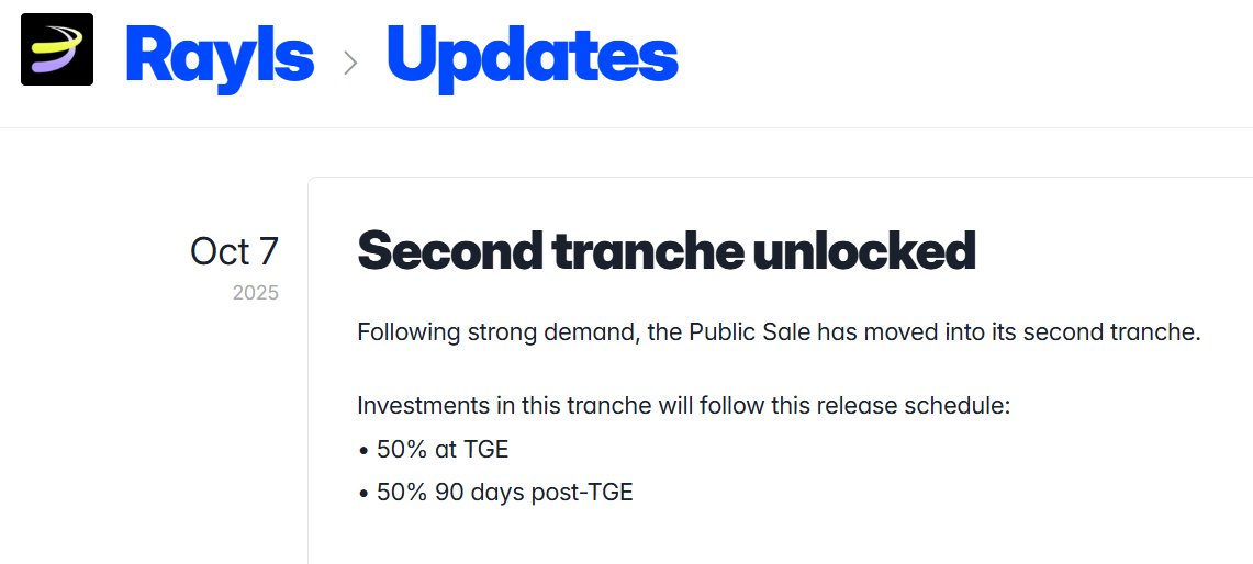 Thông tin đợt mở bán công khai token $RLS của <a href="/RaylsLabs/">Rayls</a> 
(Public Sale):

✅Tổng số vốn mở bán: 1.000.000 $ (đợt 1 là 750.000 $)
✅Mức mua: Tối thiểu 50 $ – Tối đa 100.000 $ (đợt 1 tối thiểu là 100 $)
✅Thời gian: đến ngày 21/10/2025
✅Cơ chế mở khóa (vesting):