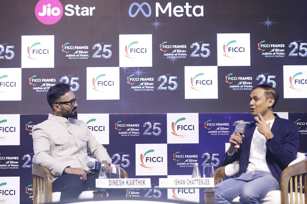 ficci_india's tweet image. Former Indian Cricketer, Coach &amp;amp; Commentator Mr @DineshKarthik and Mr Ishan Chatterjee, CEO - Sports, @JioStar, discussed the future of sports at the #FICCIFRAMES25 session &apos;Sports 2.0: The India Playbook&apos;, highlighting how AI, technology, and innovation are revolutionizing the…