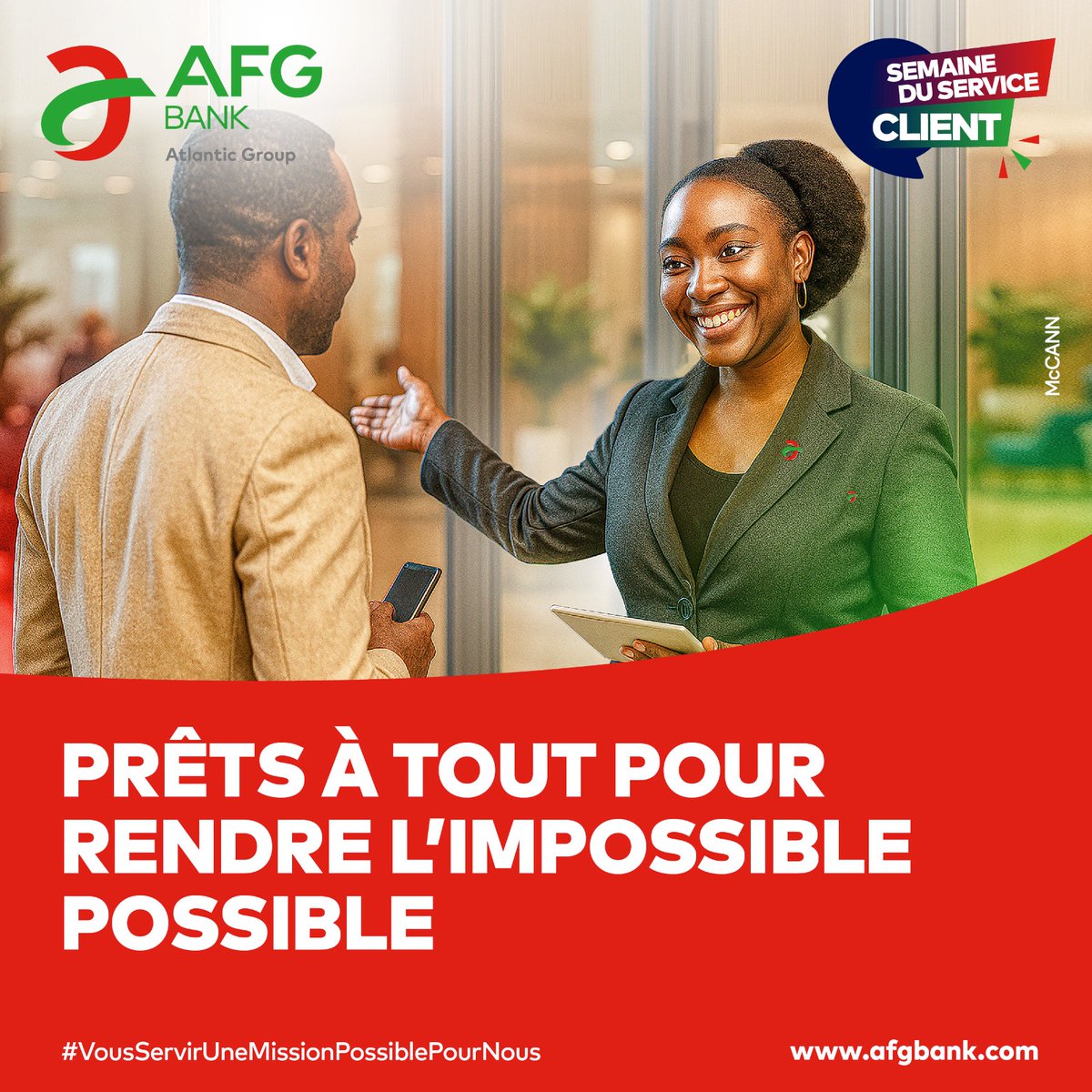 AFGBankCameroun's tweet image. Semaine du Service Client : Nous acceptons la MISSION. 🎯

💫 Et tout au long de cette semaine, nous sommes prêts à rendre l’impossible POSSIBLE ! ✅ 

#MissionPossible #SemaineDuServiceClient #OrientationClient #AFGBankCameroun #EtToutDevientPossible