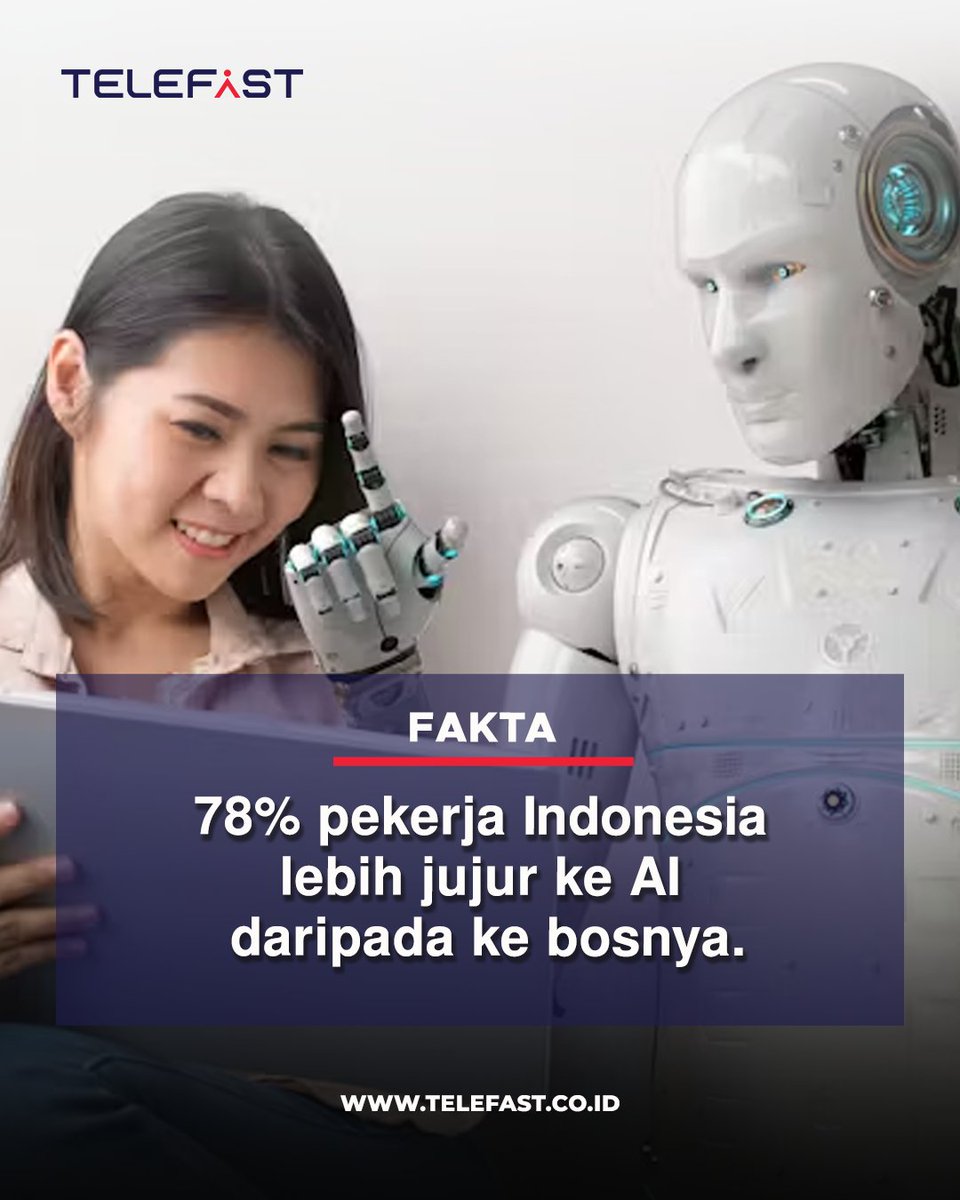 Telefast_id's tweet photo. 78% pekerja Indonesia lebih jujur ke AI daripada ke bosnya 😳
AI gak nge-judge, gak gosipin, dan selalu dengerin tanpa drama.
Tanda dunia kerja makin digital, tapi hubungan manusianya makin kaku.

#TfastFunFact #Telefast #AI #WorkCulture #FaktaKerja #WorkLife2025 https://t.co/5cnLo79CYb