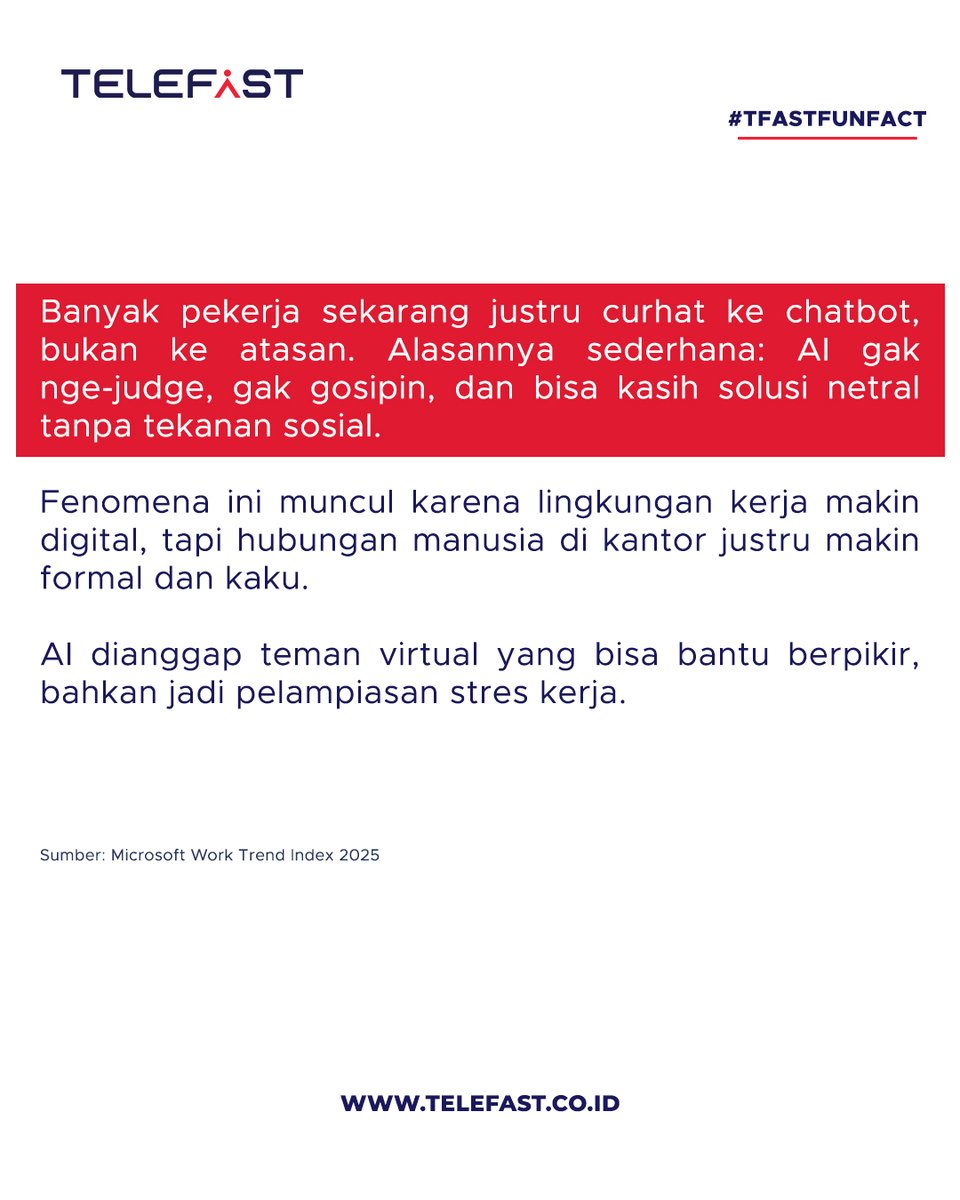 Telefast_id's tweet photo. 78% pekerja Indonesia lebih jujur ke AI daripada ke bosnya 😳
AI gak nge-judge, gak gosipin, dan selalu dengerin tanpa drama.
Tanda dunia kerja makin digital, tapi hubungan manusianya makin kaku.

#TfastFunFact #Telefast #AI #WorkCulture #FaktaKerja #WorkLife2025 https://t.co/5cnLo79CYb