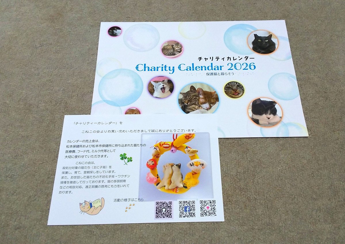 あみさん(<a href="/ami_to_uzura/">あみと天国のうずら</a>)から毎年楽しみにしているカレンダーが届きました！！
可愛い保護猫ちゃんがたくさん載っていて癒されます♡♡
有難うございました(^o^)