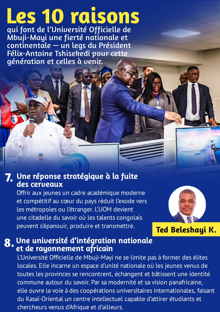 Inaugurée le 6/10/2025 par le Président de la République,S.E. <a href="/fatshi13_/">Félix A. Tshisekedi</a> ,l’Université Officielle de Mbuji-Mayi incarne l’excellence et la modernité de l’enseignement public congolais.
Ainsi,l’Autorité de Référence de la <a href="/dynamiquebelkas/">𝗗𝗬𝗡𝗔𝗠𝗜𝗤𝗨𝗘 𝖳𝖾𝖽 𝖡𝖾𝗅𝗄𝖺𝗌</a> Mr <a href="/juantedbelkas/">Ted Beleshayi</a> présente les 10 actions.