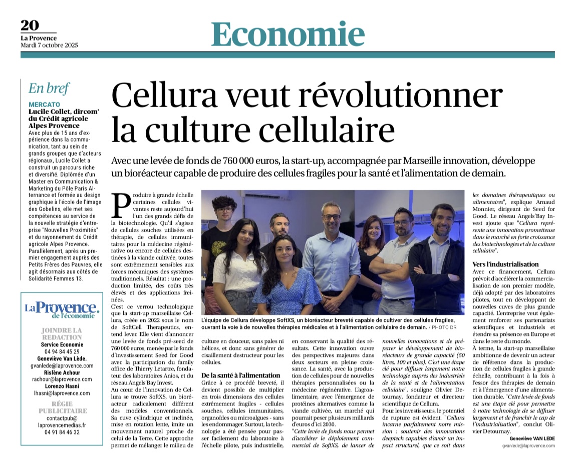 ✨ 𝐀𝐜𝐭𝐮 𝐬𝐭𝐚𝐫𝐭𝐮𝐩 - Cellura, la startup marseillaise qui veut révolutionner la culture cellulaire, mise à l’honneur dans <a href="/laprovence/">La Provence</a>  !

📄 À lire 👉 laprovence.com/article/region…
