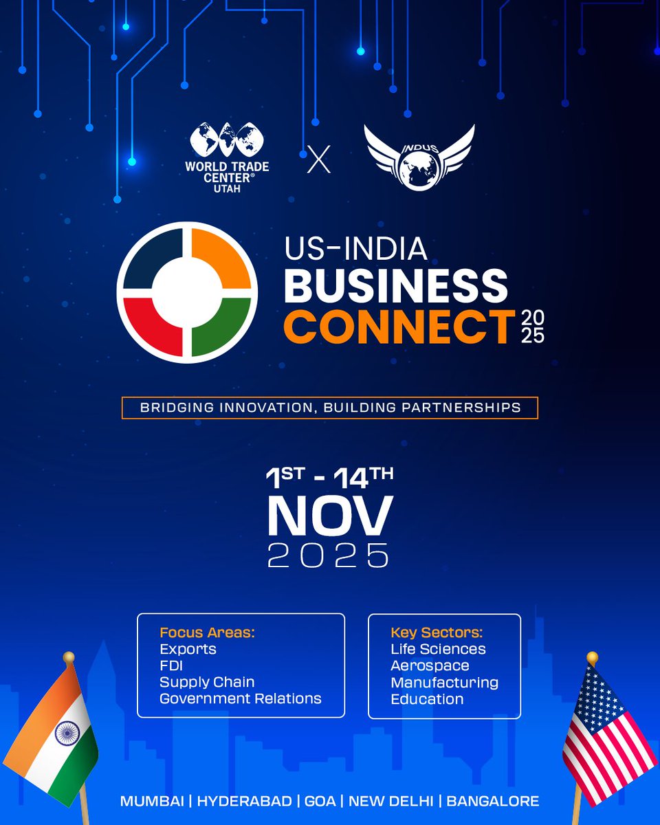 research_indus's tweet image. The #USIndiaBusinessConnect 2025 is here, bridging innovation, trade, and partnerships. 

📅 1–14 Nov 2025
🌐 Mumbai | Hyderabad | Goa | New Delhi | Bangalore

Focus: Exports | FDI | Supply Chain | Govt Relations

Sectors: Life Sciences | Aerospace | Manufacturing | Education.