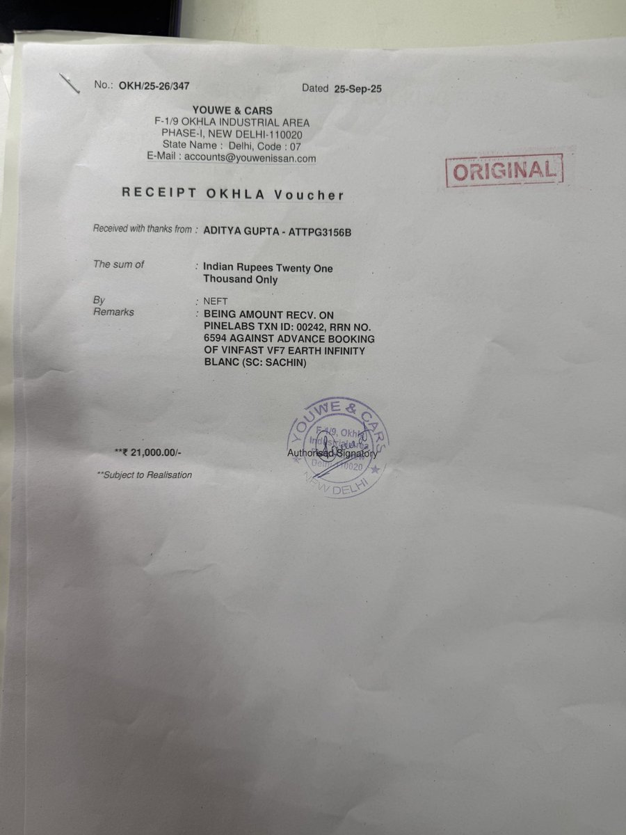 mgeaditya's tweet photo. @VinFastIN Booking receipt for your reference https://t.co/V9pMpuOeF2